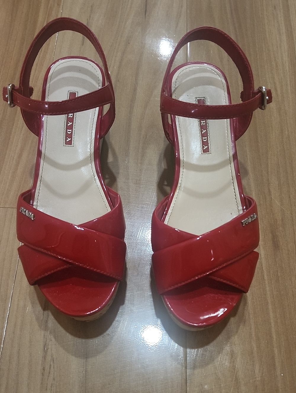 Prada Red Patent Crisscross Ankle-Strap Sandals with Logo